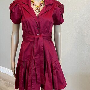 New! Alexis Sisel Puff-Sleeve Button- Front Pleated Skirt Midi Dress Small